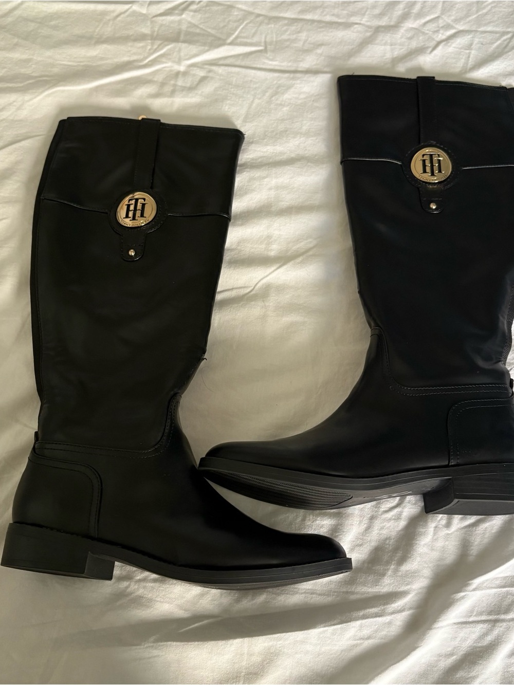 Tommy Hilfiger Black Leather Knee-High Riding Boots with Logo Medallion
